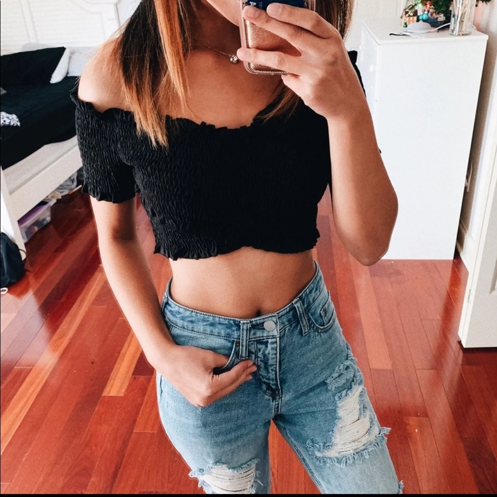 Black Smocked Crop Top